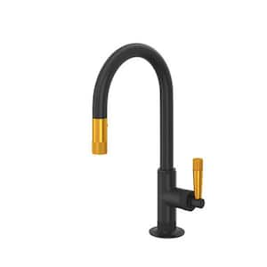 Graceline Single Handle Pull Down Sprayer Kitchen Faucet in Matte Black/Satin Gold