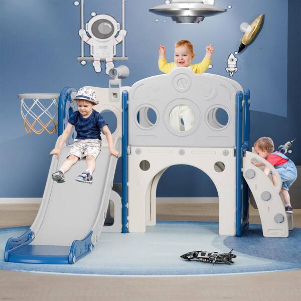 SEEUTEK 4.5 ft. Blue and Gray 8-in-1 Astronaut Toddler Slide with Aisle Kids Slide for Toddlers 1-3, Baby Slide Climber Playset
