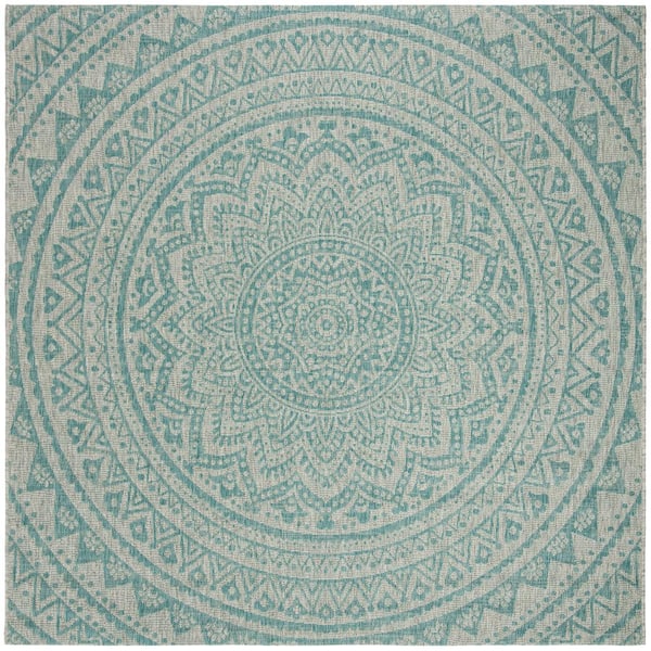 SAFAVIEH Courtyard Light Gray/Aqua 7 ft. x 7 ft. Square Border Indoor/Outdoor Patio  Area Rug