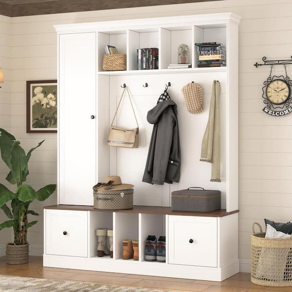 White Modern Farmhouse Entryway Hall Tree with 5 Hooks, Shoe Storage Bench and Adjustable Shelf Cabinet