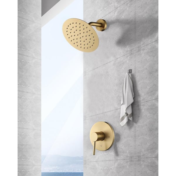 Round 1-Spray Patterns with 1.8 GPM 8 in. Wall Mount Rain Fixed Shower Head with Brass Valve in Brushed Gold