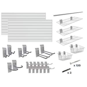 Super Bundle 48 in. H x 96 in. W Slatwall Kit in Dove Gray PVC 64 sq. ft. with 25-Piece Accessory Kit