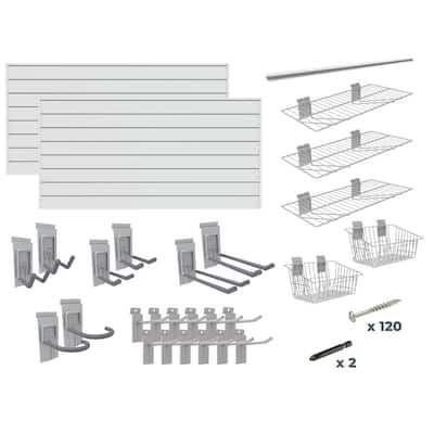 Super Bundle 48 in. H x 96 in. W Slatwall Kit in Dove Gray PVC 64 sq. ft. with 25-Piece Accessory Kit
