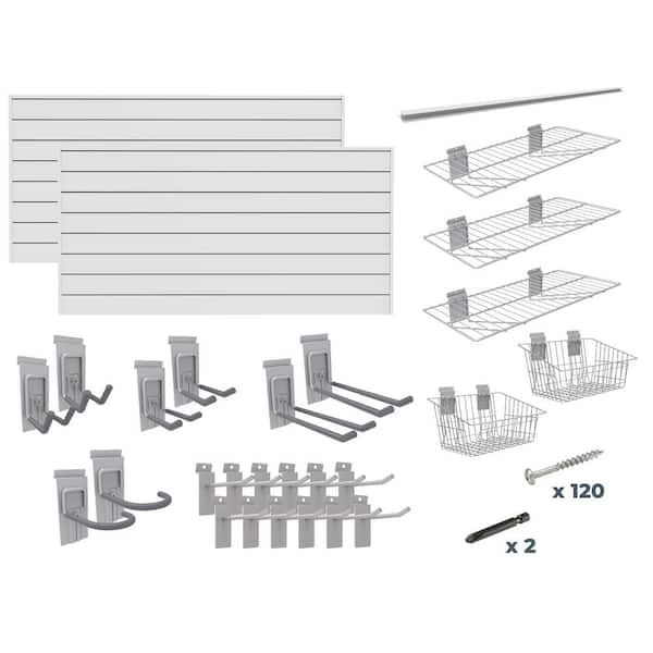 CROWNWALL Super Bundle 48 in. H x 96 in. W Slatwall Kit in Dove Gray PVC 64 sq. ft. with 25-Piece Accessory Kit