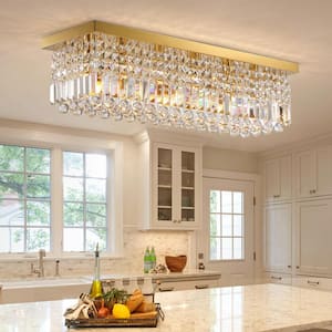 31.5 in. 6-Light Gold Rectangle Flush Mount with K9 Clear Crystal Shade and No Bulbs Included