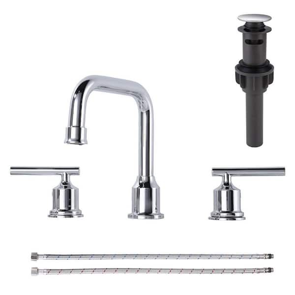 8 in. Widespread Double Handle High Arc Bathroom Faucet with Drain Kit Included in Polished Chrome