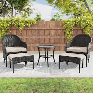 5-Piece Wicker Patio Conversation Set Sofa Set with Beige Cushions, Ottomans and Side Table