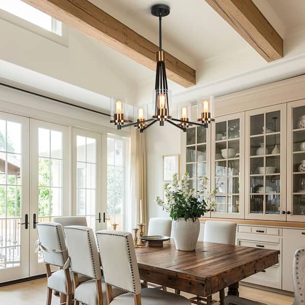 Modern Farmhouse 5-Light Sputnik Brass Chandelier Lighting with Clear Glass, Black Pendant Hanging Light for Dining Room