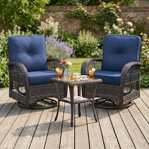 3-Piece Brown Wicker Outdoor Rocking Chairs Set Patio Conversation Set with Blue Cushions for Porch Backyard Balcony