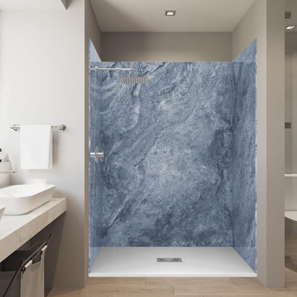Fusion Blue 32 in. x 60 in. x 84 in. Solid Composite Stone Alcove Shower Kit with Walls and White Pan Base Center Drain