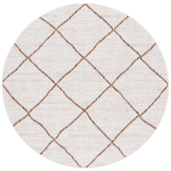 Courtyard Ivory/Brown 7 ft. x 7 ft. Trellis Impression Indoor/Outdoor Round Area Rug
