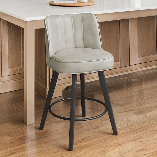 LUE BONA Paul 26 in. Light Gray Modern Faux Leather 360° Swivel High Back Barstool Upholstered Solid Wood Counter Height stool