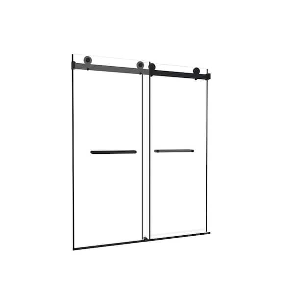 60 in. W x 74 in. H Double Sliding Aluminum Frameless Shower Door in Matte Black with Explosion Proof Film Clear Glass