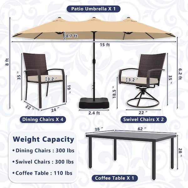 8-Piece Wicker Patio Outdoor Dining Set with Beige Cushion and 15 ft. Double-Sided Patio Umbrella