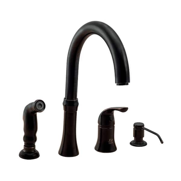 MR Direct 4-Hole Single-Handle Standard Kitchen Faucet with Side Spray and Soap Dispenser in Antique Bronze