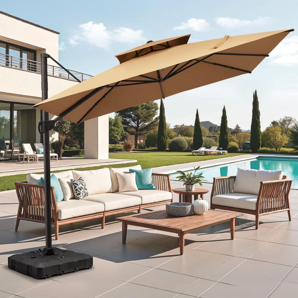cantilever umbrella tan offset pre-lit 11-ft patio umbrella with base 11' Octagon Beige Canopy or entertaining Pellebant 11 ft. x 11