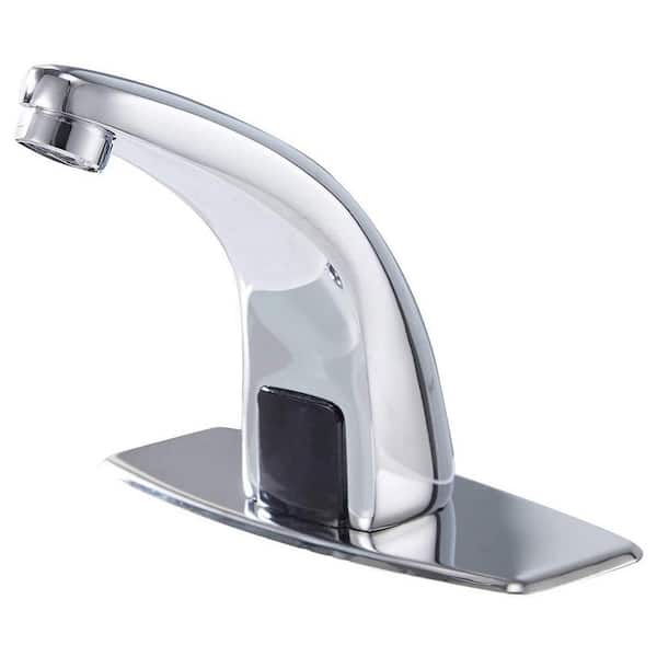 Fapully Automatic Sensor Touchless Single Hole Bathroom Sink Faucet With Deck Plate in Polished Chrome
