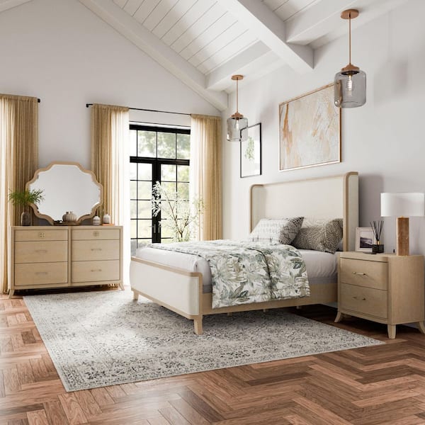 Ellington 4-Piece Natural Oak Fabric Wingback King Panel Bedroom Set with Nightstand and Dresser/Mirror