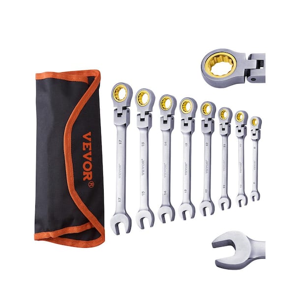 Flex-Head Ratcheting Wrench Set, 8-Piece Combination Wrench Set with Roll-up Pouch, Cr-V Steel Ratcheting Wrench Set