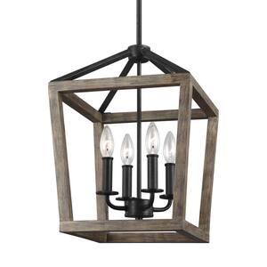 Gannet 4-Light Weathered Oak Wood and Antique Forged Iron Rustic Farmhouse Small Caged Hanging Candlestick Chandelier