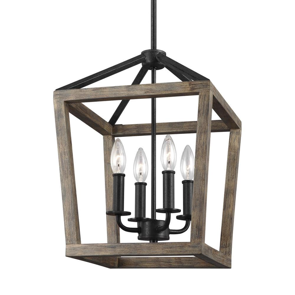 Mini Brass Cage Chandelier with Weathered Oak & Forged Iron