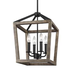 Meriwether 4-Light Weathered Oak Wood and Antique Forged Iron Farmhouse Small Caged Hanging Candlestick Chandelier