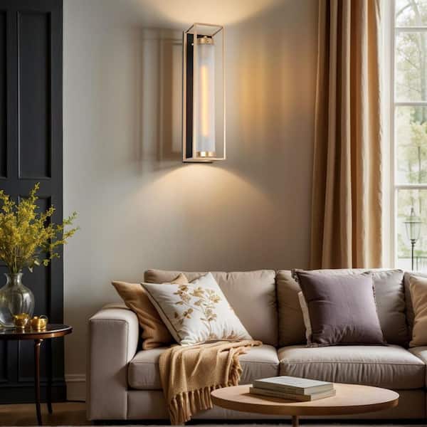 1-Light Dark Gold Modern Wall Sconce, Tube Frosted Glass Black Wall Light, Farmhouse Geometric Bathroom Vanity Light