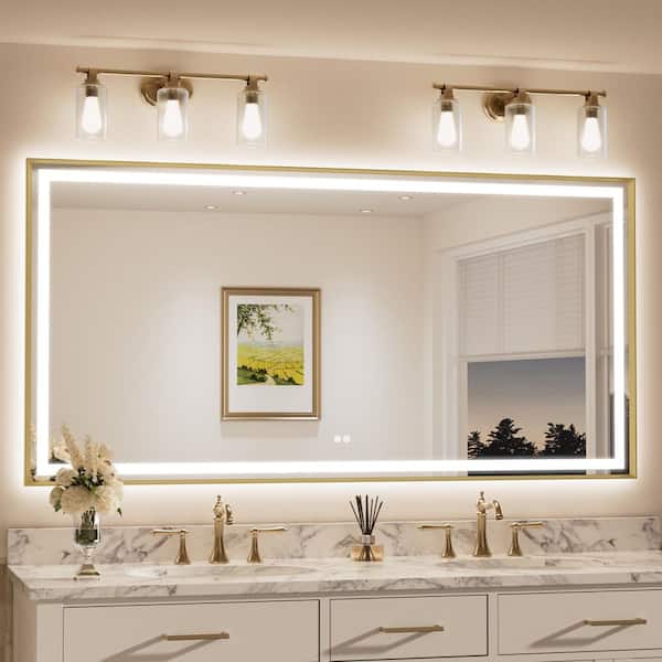 72 in. W x 36 in. H Rectangular Framed LED Anti-Fog Wall Bathroom Vanity Mirror in Gold with Backlit and Frontlit