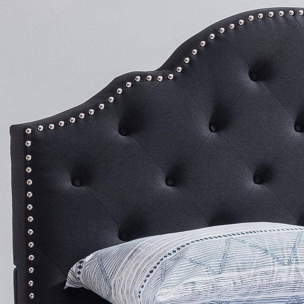 Black Queen Upholstered Bed Frame with Tufted Headboard and Nailhead Trim