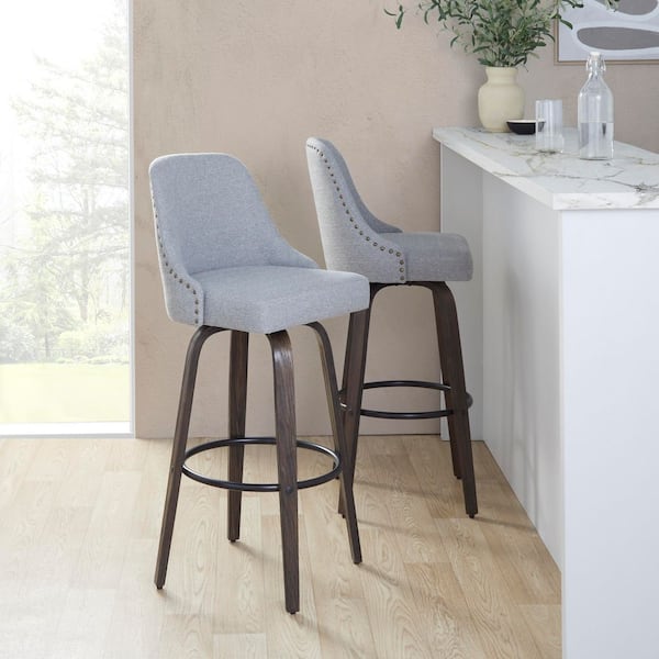 Lumisource Studded Marcel 30.75 in. Lt. Grey Fabric Walnut Glazed Wood Black Metal and Brass Metal Fixed-Height Barstool (Set of 2)