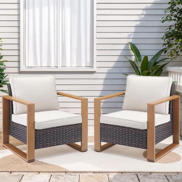 Opohoro MetalWood Metal and Brown Wicker Outdoor Lounge Chair with Olefin Beige Cushions (2-Pack)