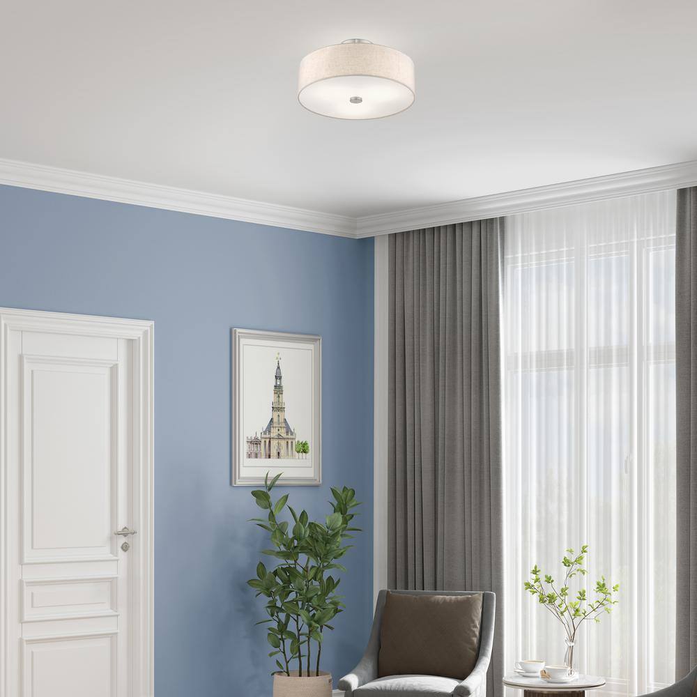 Meridian Brushed Nickel 3-Light Drum Ceiling Fixture with Oatmeal Shade