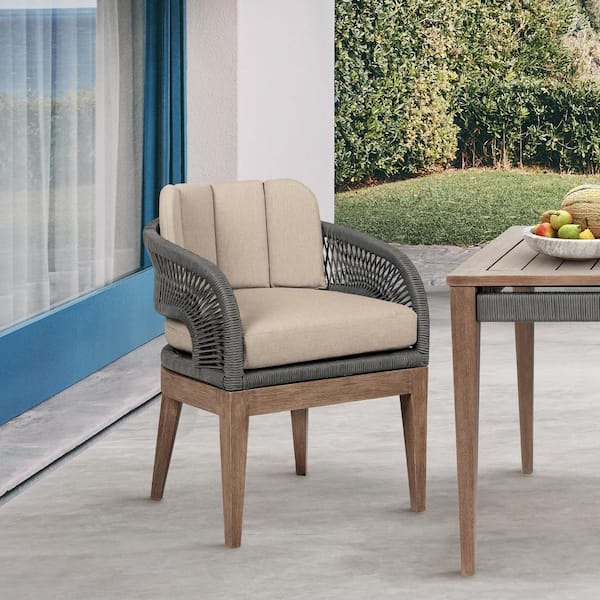 Armen Living Orbit Light Brown Eucalyptus Wood Outdoor Dining Chair with Taupe Cushion