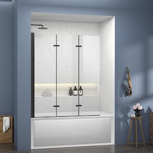 51 in. W x 59 in. H Pivot Frameless Tub Door for Shower Foldable Bathtub Shower Door in Matte Black with Clear Glass