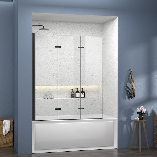 Getpro 51 in. W x 59 in. H Pivot Frameless Tub Door for Shower Foldable Bathtub Shower Door in Matte Black with Clear Glass