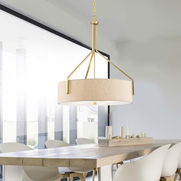 Elara 60-Watt 4-Light Brushed Gold Modern Pendant Light with Beige Linen Shade and No Bulbs Included