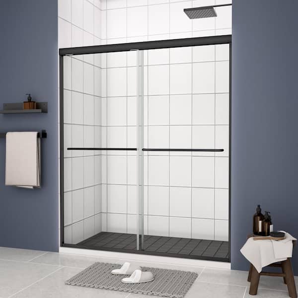 Unbranded 54 in. W x 70 in. H Framed Double Sliding Shower Door in Matt Black with Clear Tempered Glass