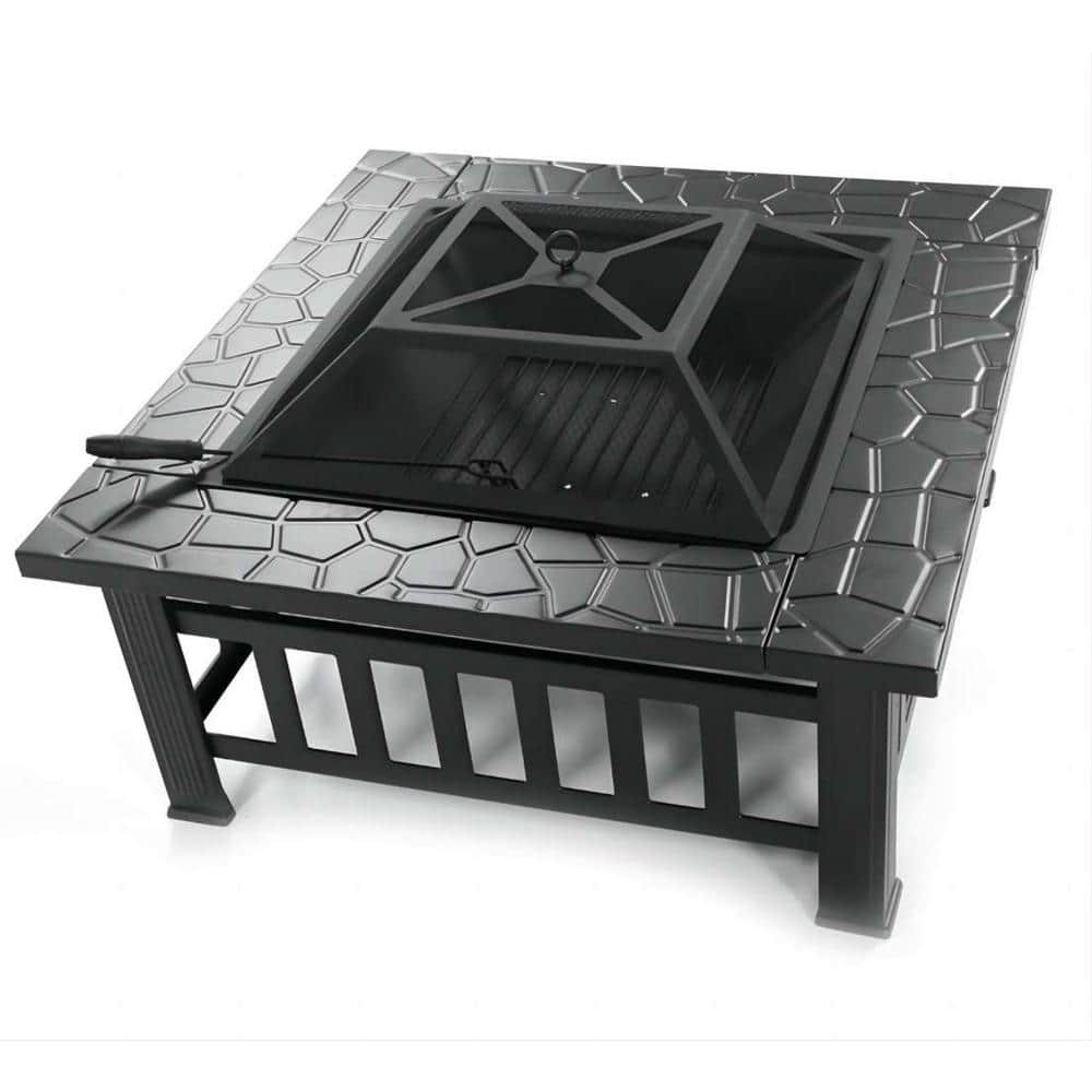 32 in. Square Patio Fire Pit Table Metal Portable Wood-burning Fire Pit for