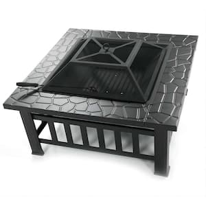 32 in. Square Patio Fire Pit Table Metal Portable Wood-burning Fire Pit for Backyard BBQ with Mesh Lid, Poker, Black