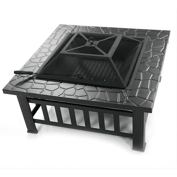 Unbranded 32 in. Square Patio Fire Pit Table Metal Portable Wood-burning Fire Pit for Backyard BBQ with Mesh Lid, Poker, Black