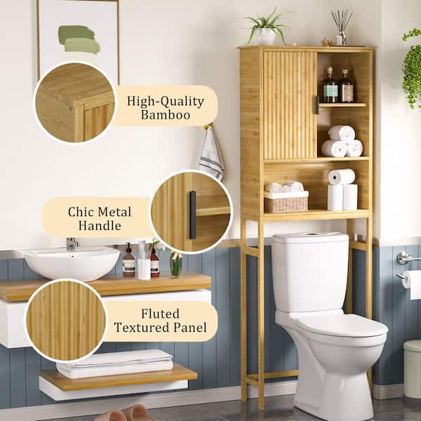 24.4 in. W x 66.9 in. H x 9.5 in. D Yellow Bamboo Bathroom Over-the-Toilet Storage Rectangular Shelf with Sliding Door