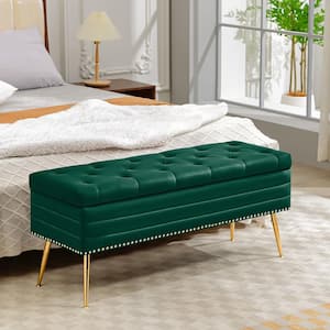 Velvet Green Storage Ottoman Entryway Bench with Gold Base and Diamond Tufted Design for Living Room
