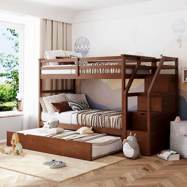 Walnut Twin-Over-Twin Bunk Bed with Twin Size Trundle and 3 Storage Stairs