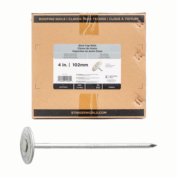 4 in. x 12-Gauge Electrogalvanized Ring Shank Steel Cap Roofing Nail 25 lbs. Box