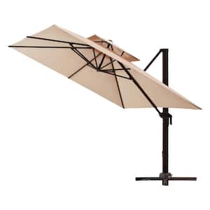 10 ft. 2 Tiers Patio Offset Umbrella Square Cantilever Umbrella, Recycled Fabric and 360° Rotation in Beige