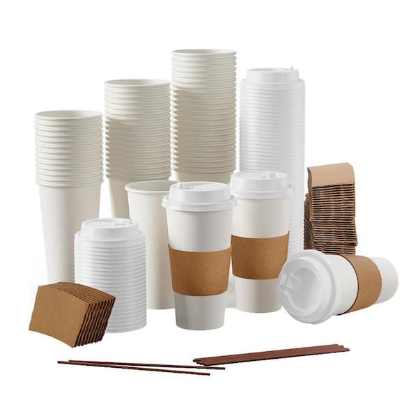 16 in. White Disposable Paper Coffee Cups Disposable Tableware Product Type (100 Pack) with Lids Sleeves Stirrers