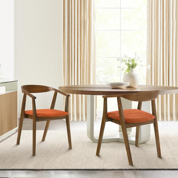 Armen Living Santana Orange Fabric Upholstered Wood Dining Chair Set of 2 with Arms and Open Back
