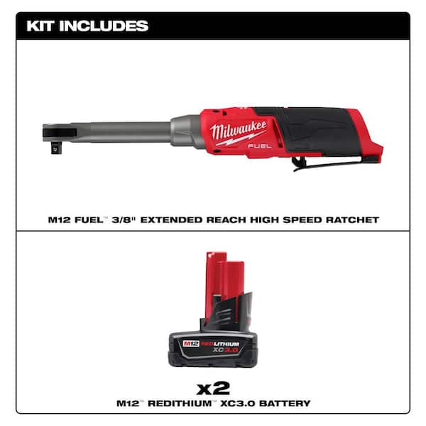 M12 FUEL 12V Lithium-Ion 3/8 in. Brushless Cordless Ratchet Extended Reach High Speed & 3.0 Ah Battery Pack (2-Pack)