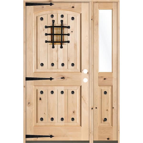 44 in. x 80 in. Mediterranean Unfinished Knotty Alder Arch Left-Hand Right Half Sidelite Clear Glass Prehung Front Door