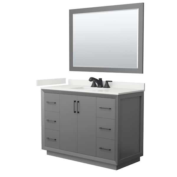 Wyndham Collection Strada 48 in. W x 22 in. D x 35 in. H Single Bath Vanity in Dark Gray with White Quartz Top and 46 in. Mirror